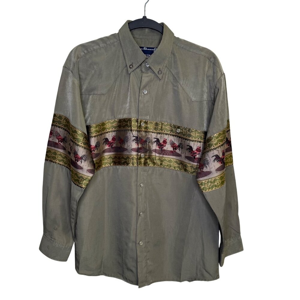 VTG Saxifon Micro Fibre Shirt Pearl Snap Rooster Print Size Small Cottagecore